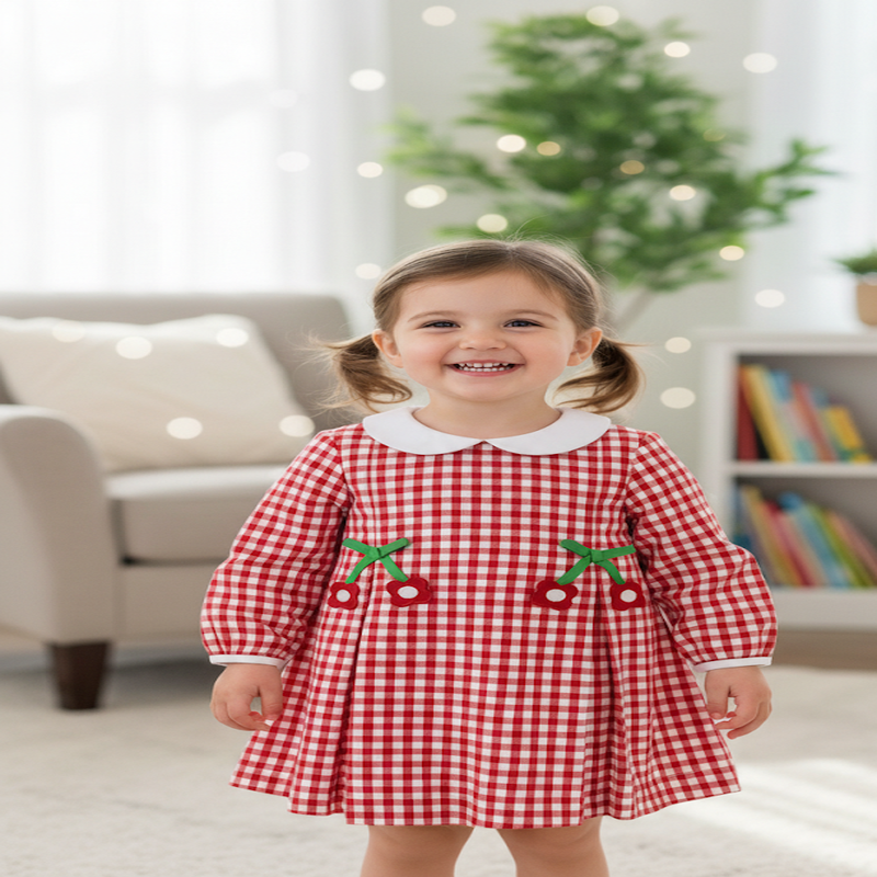 Toddler Girls Check Dress with Flowers