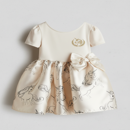 Girl's Embroidered Unicorn Satin Dress with Oversized Bow