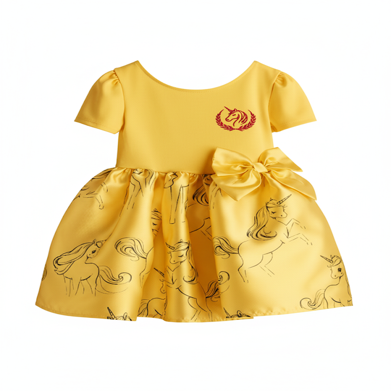 Girl's Embroidered Unicorn Satin Dress with Oversized Bow