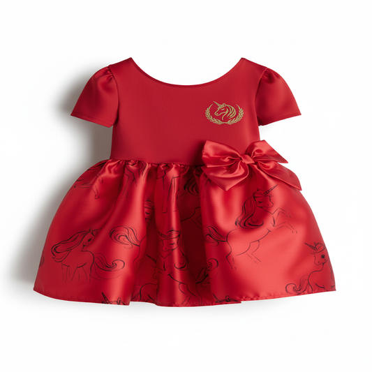 Girl's Embroidered Unicorn Satin Dress with Oversized Bow