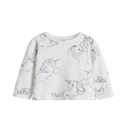 Girl's Sketch-Style Unicorn Print Long-Sleeve Top